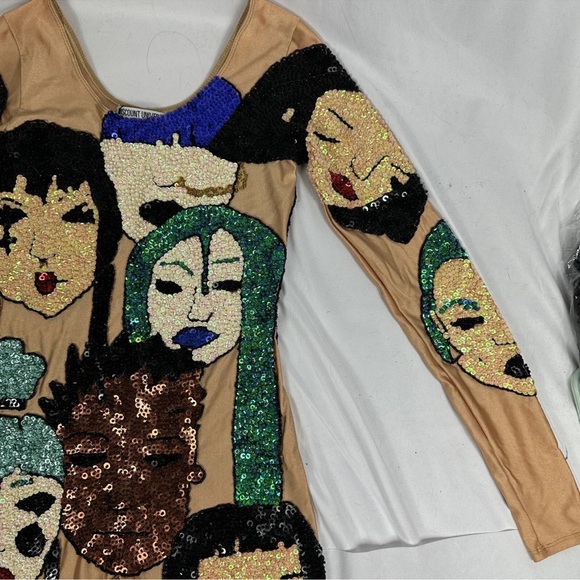 Discount Universe Sequin Nude Teal Blue Faces Bodysuit Size Small NEW With Tags - Picture 10 of 14